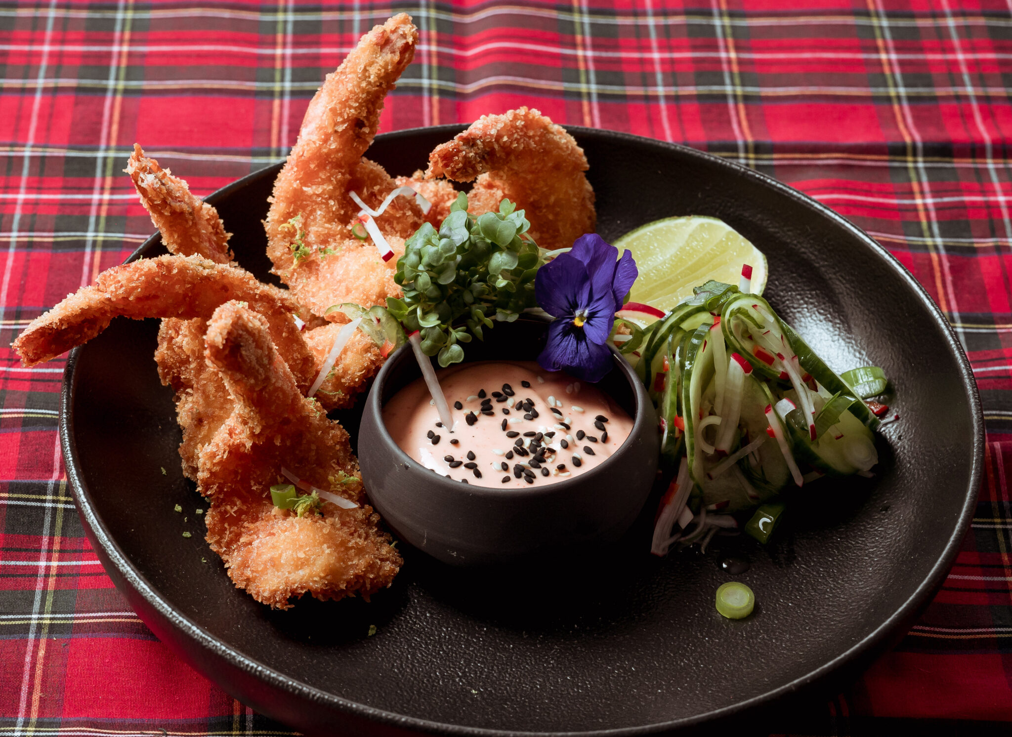 Panko Coated Delos King Prawns with Dragon Mayo, Lime and Pickled ...